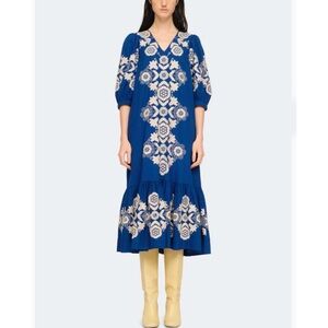 SEA Manuela Embroidered Cotton And Linen- Blend Midi Dress